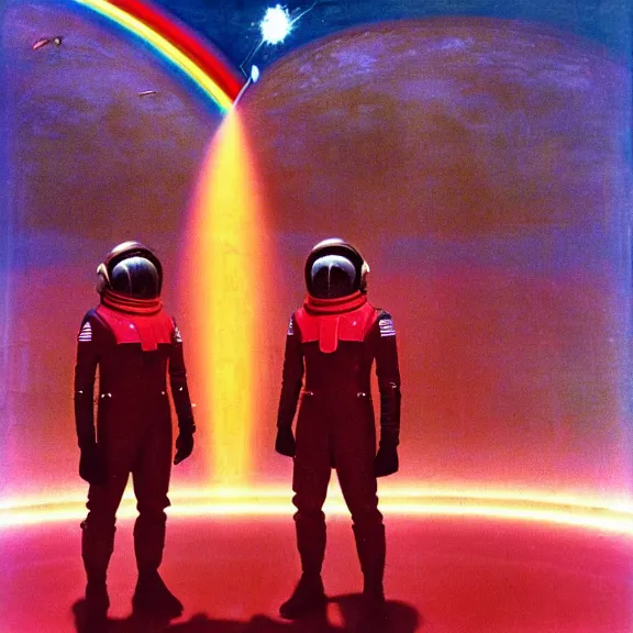 Prompt: two space pilots wearing red rick owens pilot suits inside the glowing geometric rainbow fractal vortex by frank frazetta