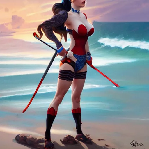 Prompt: Ultra realistic illustration, Harley Quinn at the beach, intricate, elegant, highly detailed, digital painting, artstation, smooth, sharp focus, illustration, art by artgerm and greg rutkowski and alphonse mucha