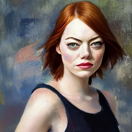 Prompt: emma stone, chthonic portrait, by shulzhenko, nikolay kopeykin, lozhkin, vdovenko, oil painting art