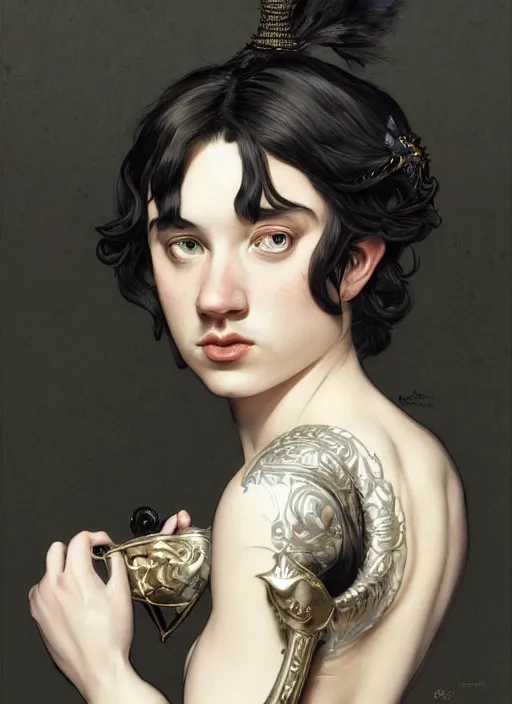 Image similar to portrait of Sam Hyde, medium black hair, Nordic crown, black suit, fantasy, intricate, elegant, realistic, highly detailed, digital painting, artstation, concept art, smooth, sharp focus, illustration, art by artgerm and greg rutkowski and alphonse mucha