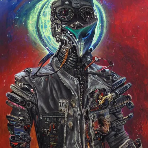 Prompt: a high detailed hyper - detailed painting of a rebel cyborg with a leather jacket, he wants to help free humans and eliminate the governments of the earth so that people can live in freedom and self - government but for that he needs to help raise human and robotic knowledge, psychedelic surreal magical dystopian technological utopian psycho spiritual art, chaotic anarchist art fulcolor - h 7 6 8