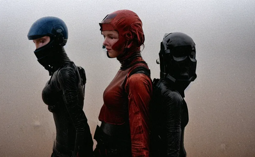 Prompt: cinestill 5 0 d candid photographic portrait by helen levitt of two loving female androids wearing rugged black mesh techwear in treacherous waters, extreme closeup, modern cyberpunk moody emotional cinematic, dust storm, 8 k, hd, high resolution, 3 5 mm, f / 3 2, ultra realistic faces, ex machina