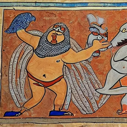 Prompt: mesopotamian artwork portraying peter griffin fighting a giant chicken, very detailed, very intricate,