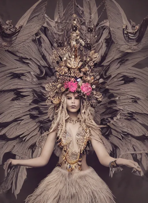 Image similar to full body environmental portrait photo of a goddess as angel, ornate headpiece made from flowers, ornaments, glamour shot by gemmy woud - binnendijk, chris knight, photorealistic, canon r 3, fashion photography, ornate, elegant, luxury and elite, symmetrical features, octane render, unreal engine, solid dark grey background, dramatic lights