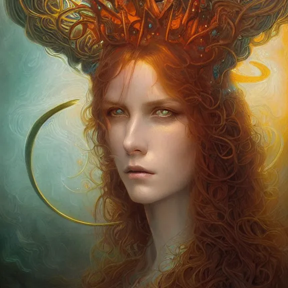 Image similar to a highly detailed beautiful portrait in the style of jean delville and in the style of peter mohrbacher. glowing runes of magical power.