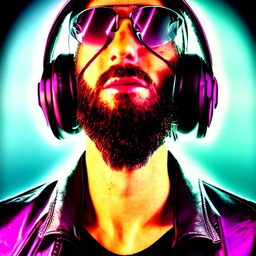 Image similar to electronic dj portrait, dj performing live streaming to online, cyberpunk 2 0 7 7, cyberpunk, photorealistic, ultra detailed, neon, octane, bokeh, cinematic lighting, cyber, cyberpunk city, headphones, studio quality, feature, scars, cyberface, 8 k