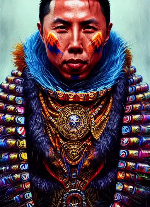 Image similar to portrait of donnie yen, hyper detailed ultra sharp aztec shaman warrior. trending on artstation, warpaint aesthetic, bloodwave, colorful, psychedelic, ornate, intricate, digital painting, concept art, smooth, sharp focus, illustration, art by artgerm and greg rutkowski and h. r. giger, 8 k