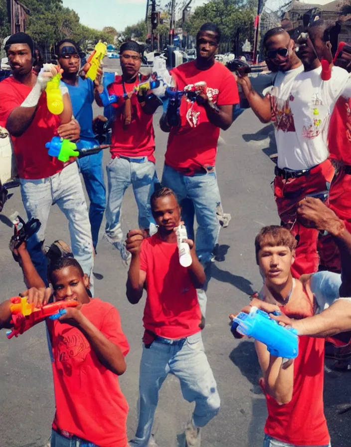 Prompt: bloods gang members showing off their plastic colorful water guns, bad quality, phone photo, leaked photo, paparazzi photo, realistic, 720p