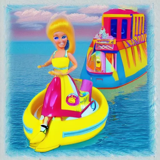 Image similar to ken and barbie having cake by the ocean on a yellow submarine - digital art