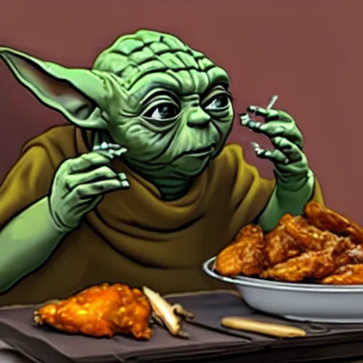 Image similar to yoda eating chicken wings