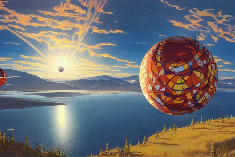 Prompt: a giant ((((metallic)))) floating sphere covered in canadian colorful aboriginal patterns!! hovering above a Yukon lake, (painted by Ralph McQuarrie), matte painting, very detailed, 7000 Kelvin, concept art