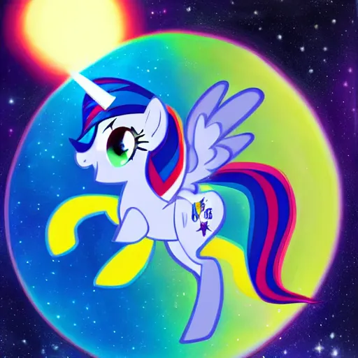 Prompt: My little pony in space, photorealistic art