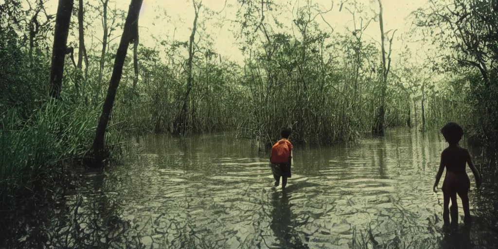 Prompt: A young explorer walking alongside a channel of water in a dense swamp, Kodachrome color film, grainy, film grain