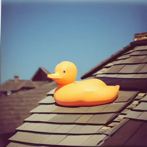 Prompt: a very beautiful picture of a giant rubber duck on the roof of an house, polaroid