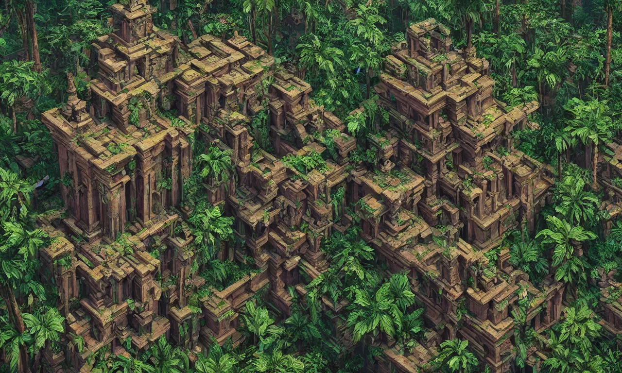 Image similar to A hyper real comic book style portait painting of jungle temples in the style of MC Escher, Maurits Cornelius Escher, unreal 5, hyperrealistic, octane render, RPG portrait, dynamic lighting