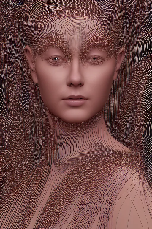 Prompt: generative art of a beautiful young woman made of 100000 thin copper wires. Made by janusz jurek inspired by januszjurek.info. houdini3d, blender. 8k 3d. Dynamic. Movement.