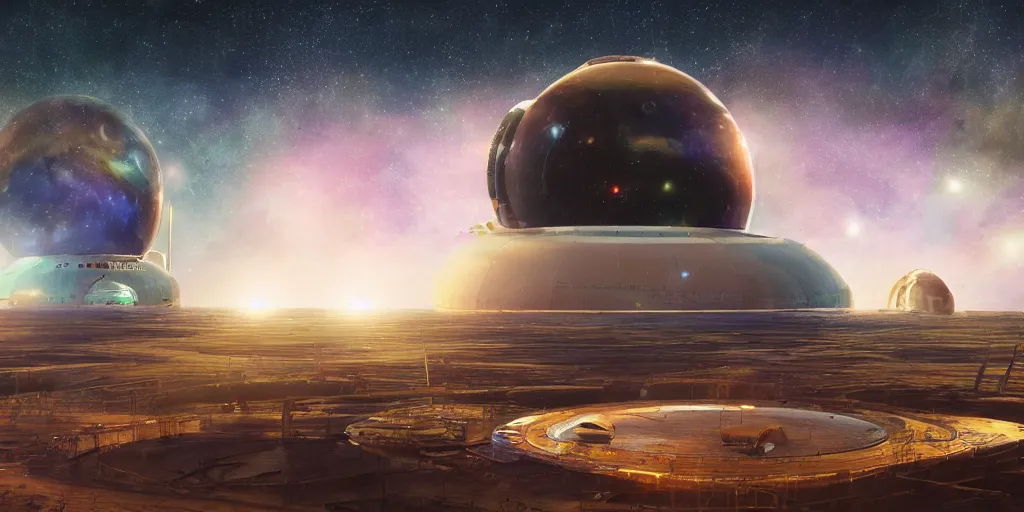 Image similar to astrological universe projected onto a cosmic radiation background, milky way galaxy in the distance, cosmic nebulous clouds, alien aircraft superstructure, highly detailed spaceport, octane render, photorealistic illustration, colored pencil art, doug tenpal style, 8 k resolution,