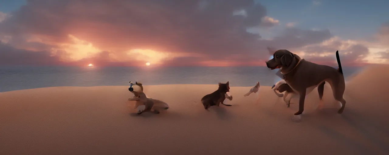 Prompt: Dogs play in the sand as the sunsets over the clear blue sea, cgsociety, octane render, artstationHD, artstationHQ, unreal engine, 4k, 8k