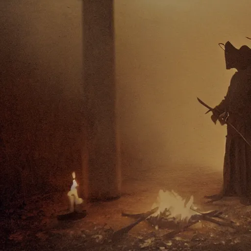 Image similar to a film still of men wearing layered linen of many colors, holding swords, standing in a hazy room with a fire and smoke, dark, moody, very creepy atmosphere, film grain, spider webs, organic matter, bones —width 1024 —height 512 —steps 100