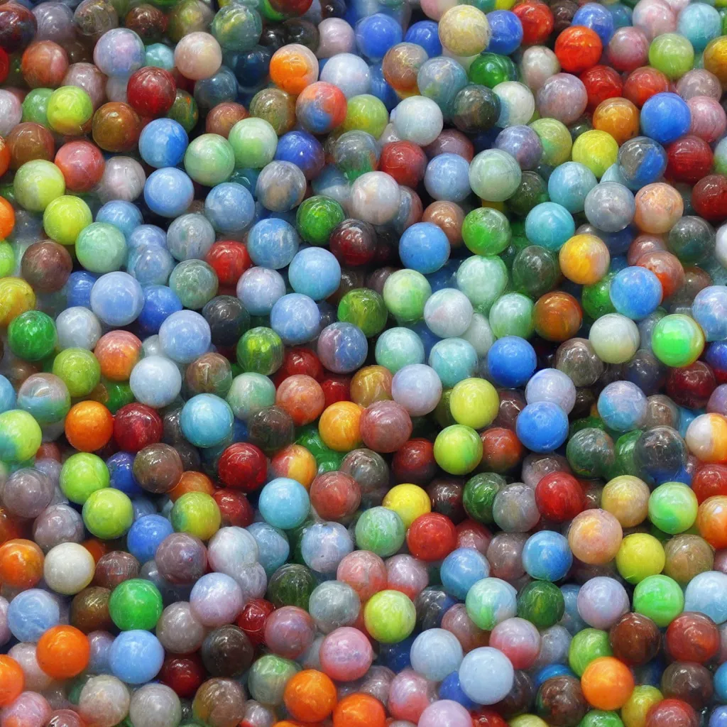 Image similar to 20 marbles big and small covered in thick transparent slime