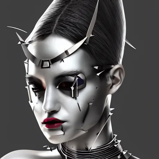 Image similar to a digital artwork of futuristic woman wearing technological large steel spiked collar, steel choker on neck, cyberpunk ,4K, portrait, punk hairstyle,