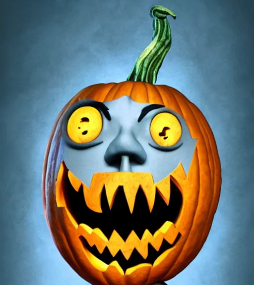 Image similar to a tim burton illustration of a horrifying carved pumpkin face, laughing menacingly, cartoony facial expression, creepy lighting, 4 k artstation, masterpiece