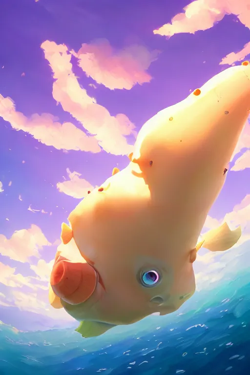 Image similar to a very cute sea slug bouli, by rhads, makoto shinkai and lois van baarle, johannes voss, low angle fisheye view, sky whith plump white clouds, elegant, highly detailed, artstation, 8 k, unreal engine, hdr, concept art, volumetric lighting matte