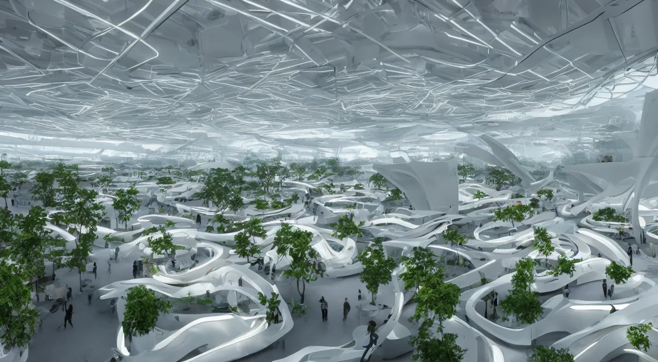 Image similar to futuristic open office with parks and plants, glowing computer screens, made with glossy white plastic and wood, large windows and voluminous light and light rays, extremely intricate, very detailed, in style of zaha hadid, artstation, octane render, cinematic lighting