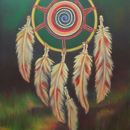 Prompt: dreamcatcher, nature, native american art, peaceful, beautiful, oil painting