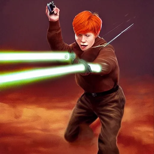 Image similar to epic digital matte paining of Ron Weasley firing a lightsaber out of a cannon, extremely detailed, artstation