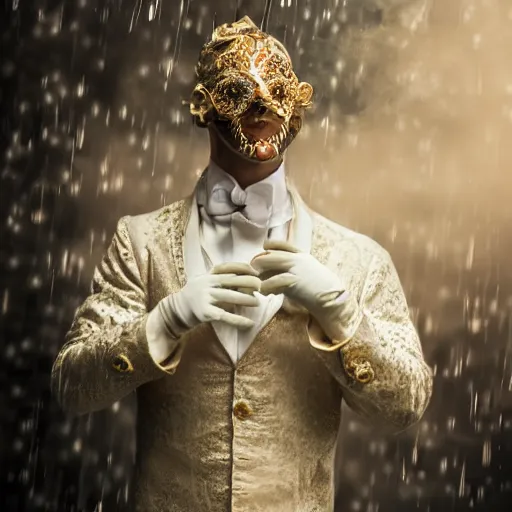 Image similar to portrait of a male dancer with a beautiful porcelain face dressed in a venecian mask, gloves on spread hands, rain, bokeh, cinematic light and reflections, beautiful dreamy lighting, ernst haeckel, annie leibovitz, zbrush,