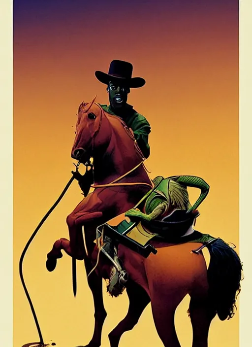 Image similar to poster artwork by Michael Whelan and Tomer Hanuka, of Kermit the Frog riding a horse, from scene from Django Unchained, clean