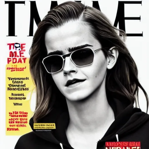 Prompt: cover of time magazine featuring emma watson wearing a hoodie and sunglasses