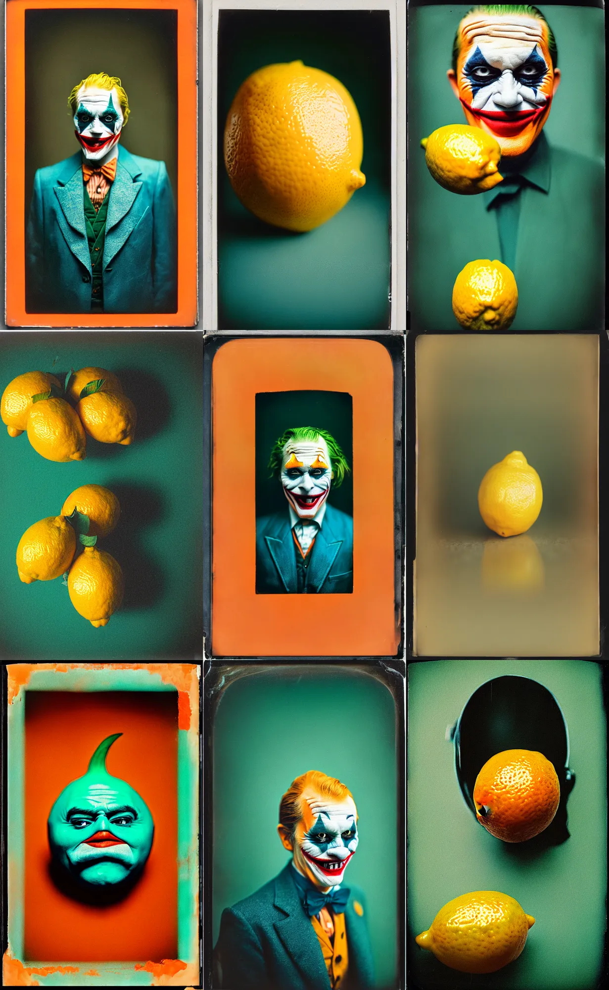 Image similar to kodak portra 4 0 0, wetplate, 8 k, shot of a highly detailed, britt marling style, colour still - life portrait of a lemon looks like 1 9 9 9 joker, teal and orange, muted coloures