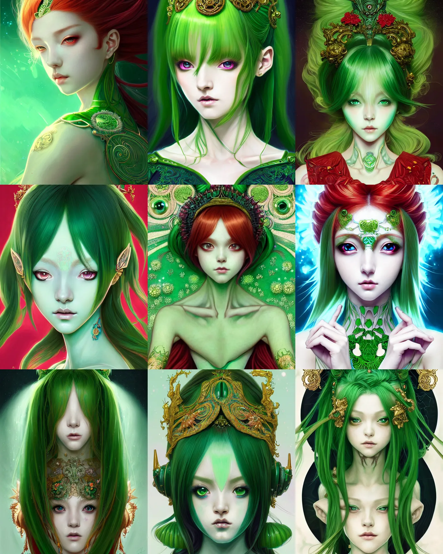 Prompt: symmetry!!!!!! beautiful green skin alien anime summer princess close portrait, wearing ornate clothing,'red hair ', ultra detailed, elegant, intricate, anime, dynamic lighting, dnd, digital art, digital painting, artstation, wlop, sharp focus, illustration, art by artgerm and greg rutkowski and alphonse mucha, 8 k