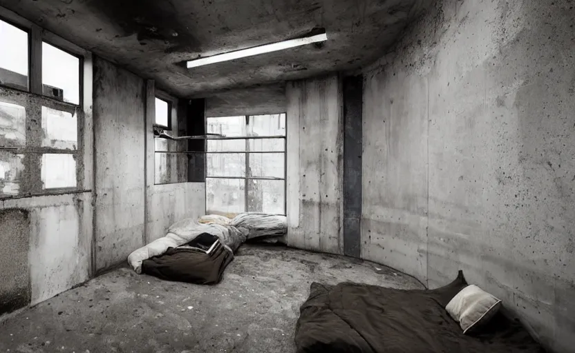 Image similar to berlin underground bedroom interior, concrete, punk, bed, neon lights, modernism, brutalism, white, beige, black, minimalism, graffiti on the walls, industrial, pipes, rust, little windows, plants