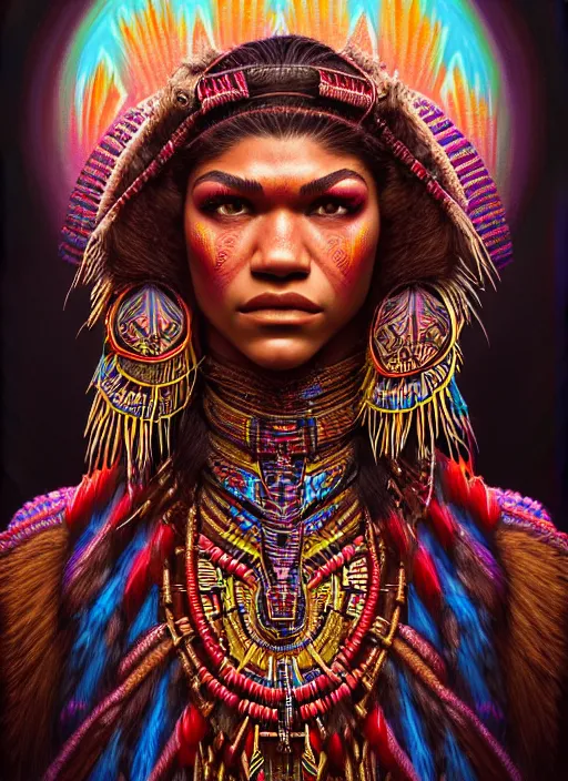 Image similar to portrait of zendaya, hyper detailed ultra sharp aztec shaman warrior. trending on artstation, warpaint aesthetic, bloodwave, colorful, psychedelic, ornate, intricate, digital painting, concept art, smooth, sharp focus, illustration, art by artgerm and greg rutkowski and h. r. giger, 8 k