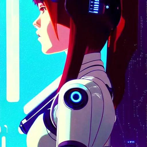 Image similar to side portrait scifi cyborg girl with robotic parts and spacesuit | | head only in center of image, audrey plaza, fine detail!! anime!! realistic shaded lighting!! poster by ilya kuvshinov katsuhiro otomo ghost - in - the - shell, magali villeneuve, artgerm, jeremy lipkin and michael garmash and rob rey