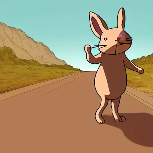 Prompt: a study of cell shaded cartoon of a rabbit dancing on a desert road, full body, wide shot, very muted colors, post grunge, studio ghibli, laurie greasley, highly detailed, deviantart, art by artgem