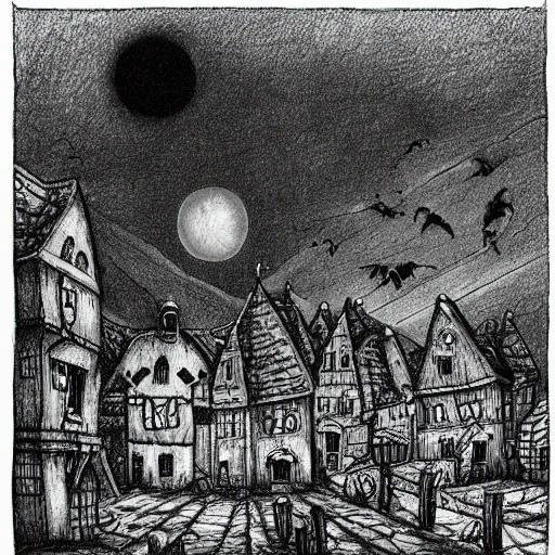 Image similar to Drawing of a creepy Transylvania village during an eerie night, by Keith Thompson, horror, old village, Transylvania, night