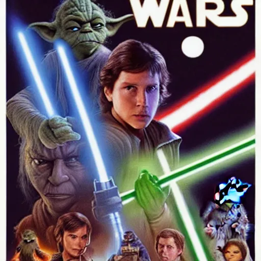 Image similar to poster for Star Wars but every character is Yoda