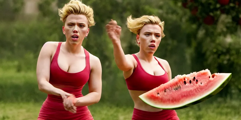 Image similar to scarlett johansson roundhouse kicking and smashing a watermelon, film still, highly detailed, film grain, behind the scenes, photorealism