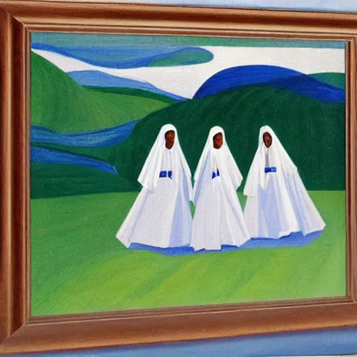 Image similar to nuns in a landscape, by giacomo balla