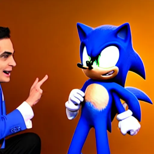 Image similar to Sonic the Hedgehog interviews Ben Shapiro. Soundstage, dim lighting, realistic, 4k, dynamic lighting.