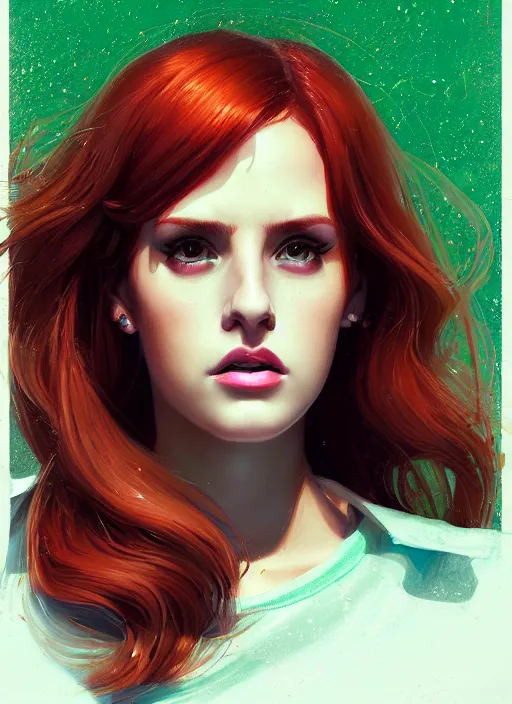 Prompt: portrait of teenage cheryl blossom, bangs, green eyes, mean expression, mischievous, bangs and wavy hair, bangs, intricate, elegant, glowing lights, highly detailed, digital painting, artstation, concept art, smooth, sharp focus, illustration, art by wlop, mars ravelo and greg rutkowski
