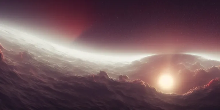 Image similar to throng of various alien flying shiny fish - like creatures, in the style of edwin salpeter. scene set in the upper atmosphere of jupiter. electrical storms. beautiful clouds. volumetric real lighting. real light and shadows. dim sun. astronomy. artstation, octane, real details, fog, 8 k, hd, warm red and orange shades.