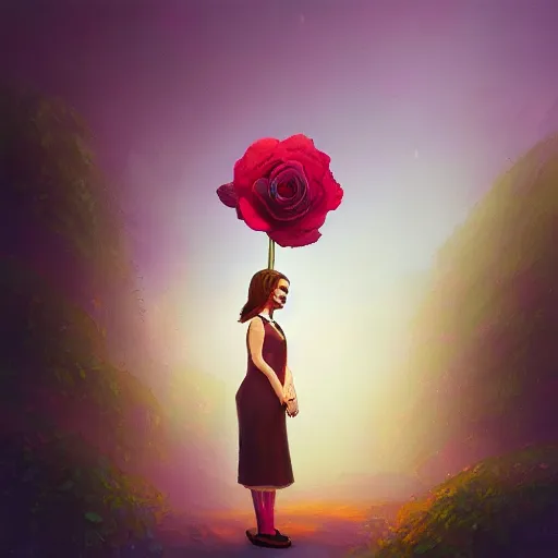 Image similar to closeup, giant rose flower head, frontal, girl in a suit, surreal photography, sunrise, dramatic light, impressionist painting, digital painting, artstation, simon stalenhag