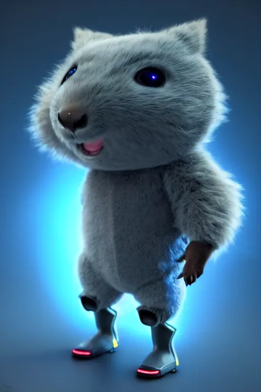 Image similar to high quality 3 d render sci - fi very cute fluffy! wombat!! cyborg soldier dancing, mechanical legs, cyberpunk mask!, highly detailed, unreal engine cinematic smooth, in the style of detective pikachu, hannah yata charlie immer, dark blue neon light, low angle, uhd 8 k, sharp focus