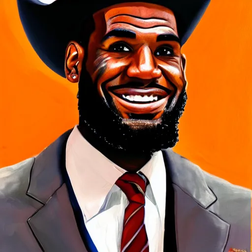 Prompt: portrait of lebron james, cheesy grin, ten gallon cowboy hat