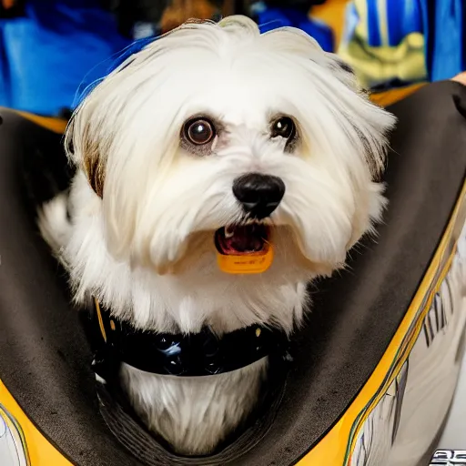 Prompt: a cream-colored havanese dog in a bobsled, gopro photo, 4k